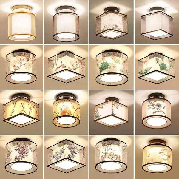 Luces de techo estilo chino 12 W lámpara de bombilla Led pantalla de tela bordada para decoración de la habitación del hogar accesorios de iluminación de pasillo