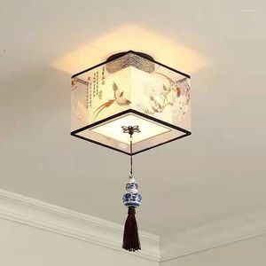 Plafonniers Style chinois LED oiseau broderie tissu abat-jour allée lampe pour la décoration de la maison E27