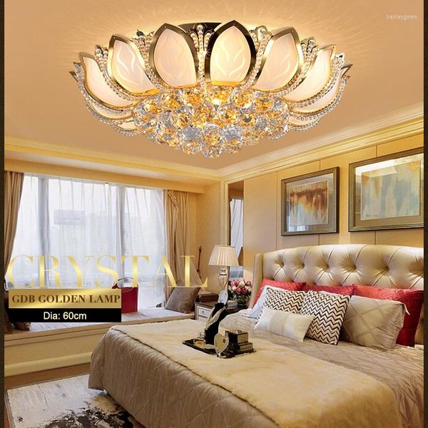 Luces de techo Dia.60cm Flor de loto moderna Lámpara de metal dorado de cristal de lujo para sala de estar Dormitorio Accesorio CL186
