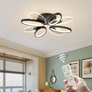 Plafondverlichting Dimbare LED-inbouwkroonluchterverlichting met afstandsbediening Zwarte ovale bloemvormlamparmatuur voor slaapkamer
