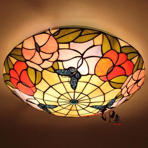 Plafonniers papillon européen 16 pouces LED E27 110-240V lumière pastorale Tiffany abat-jour en verre rond lampara de Techo Abajur