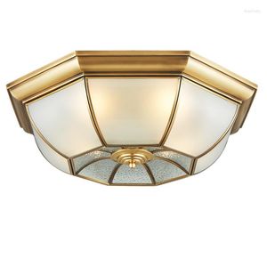 Plafondverlichting Europese volledig koperen lichte glazen kap Alle messing gereedschap Vintage luxe woonkamer LED E14 lamp Home verlichtingsarmatuur