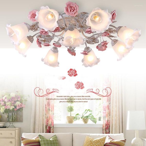 Plafonniers Idyllique En Fer Forgé Fleur Et Herbe Lampe Salon Chambre Romantique Rose Fille Chaud Ménage 110-240V