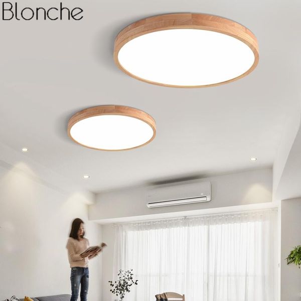 Luces de techo Lámpara de madera ultrafina japonesa de 6 cm LED redondo moderno para sala de estar Dormitorio Accesorios de iluminación interior Decoración