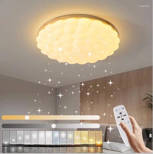 Plafonniers LED Light Dimmable Wood Look Round 50 cm lampe Starry Sky avec télécommande 36W Children Modern Child's Room