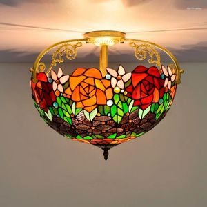 Plafondlampen luxueuze woonkamer 16-inch lamp Tiffany Black Rose handgemaakte gebrandschilderd glas semi-hanging
