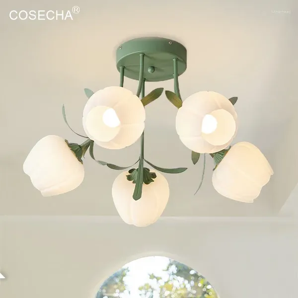 Luces de techo Lámpara de luz blanca de leche Cocina Comedor Lámpara de flores verdes Dormitorio Iluminación nórdica para entrada de bebé