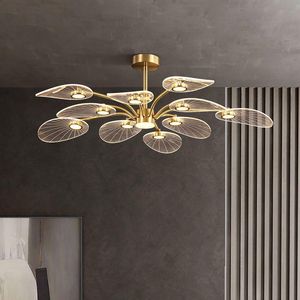 Plafondlampen moderne koperen lamp Noordse led kroonluchters voor woonslaapkamer lotus bladvorm ontwerp pandant deco verlichtingsarmatuur