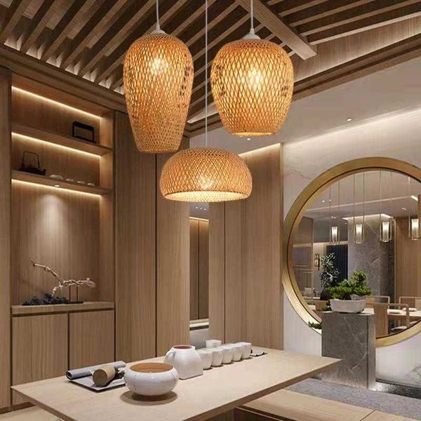 Luces de techo, linterna moderna, lámpara colgante de bambú Natural de ratán para comedor, decoración para sala de estar, lámparas de techo colgantes de cocina 0209