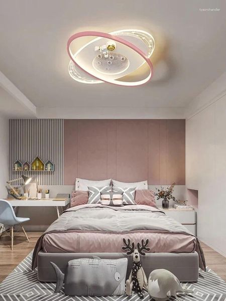 Plafond Louldres LED Modern LED Chandelier pour chambre d'enfants Nourberie chambre à coucher blanc rose bleu décor de lampe circulaire de la lampe d'astronaute