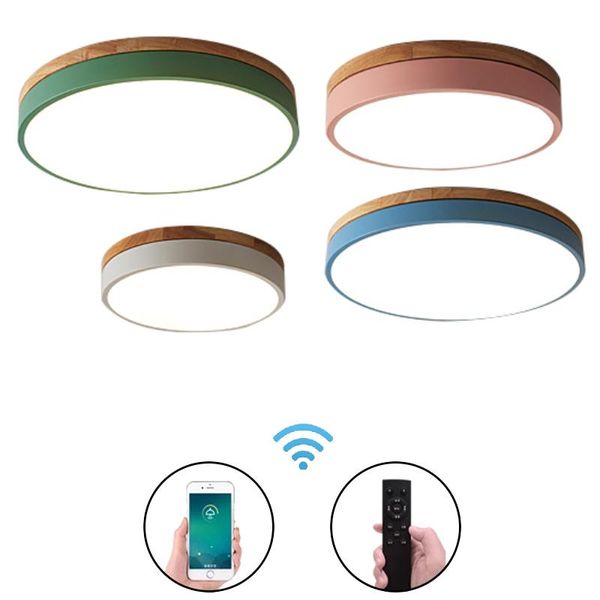 Luces de techo Macaron moderno Luz LED Súper delgada 6 cm Lámpara de atenuación remota de madera sólida para sala de estar Dormitorio Iluminación de cocina