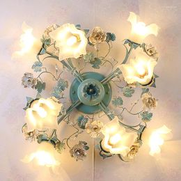 Luces de techo Lámpara colgante Led Art Chandelier Light Blue Floral Living Fixture Metal Rose Girls Dormitorio D60cm H25cm Vidrio esmerilado