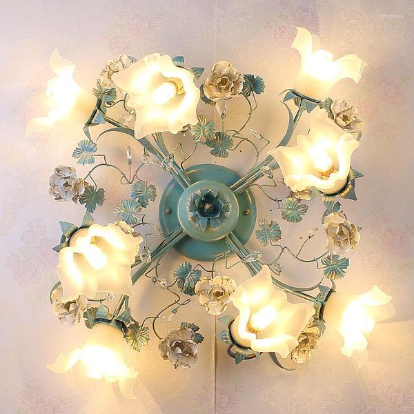 Plafonniers Suspension Led Art Lustre Bleu Clair Floral Living Luminaire Métal Rose Filles Chambre D60cm H25cm Verre Dépoli