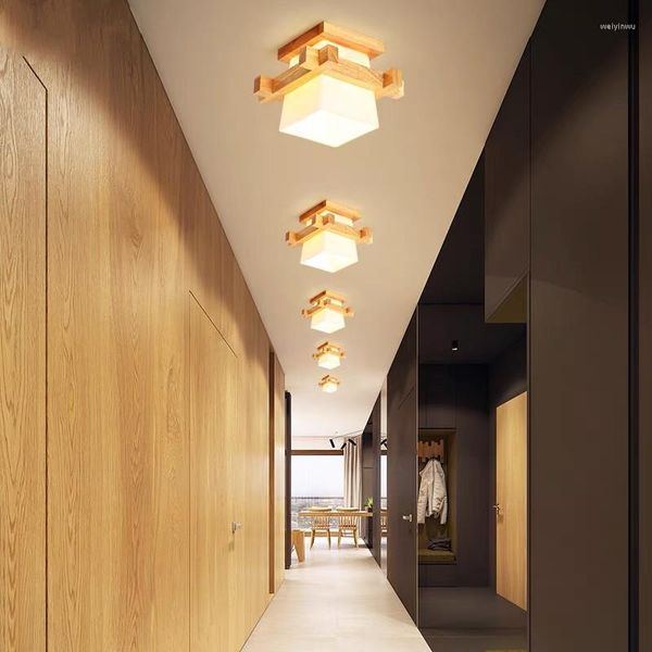 Luces de techo, lámpara LED moderna Simple, vidrio de madera Retro japonés para sala de estar, dormitorio, pasillo, porche, balcón, luz