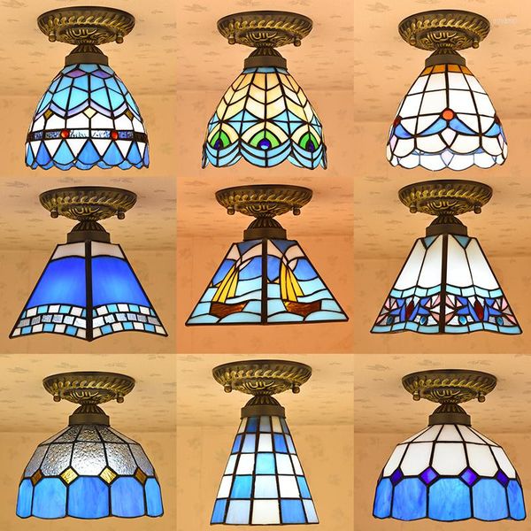 Luces de techo Tiffany Mediterráneo Estilo europeo Luz de vidrieras para lámpara de pasillo de entrada