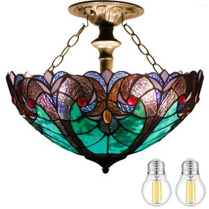 Plafondverlichting WERFACTORY Tiffany lichtarmatuur groen Liaison gebrandschilderd glas semi-inbouwlamp breed 16 inch hoogte 15