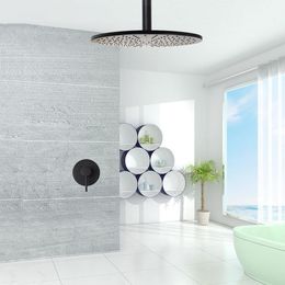 Conjunto de ducha de baño de latón negro con montaje en techo, cabezal de ducha de lluvia de techo suspendido para baño, grifo mezclador de agua de una sola vía montado en la pared