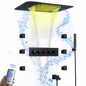 Plafondgemonteerde 23X15 inch regen- en watervaldouchekop met muziekluidspreker Badkamer thermostatische LED-douchekraanset