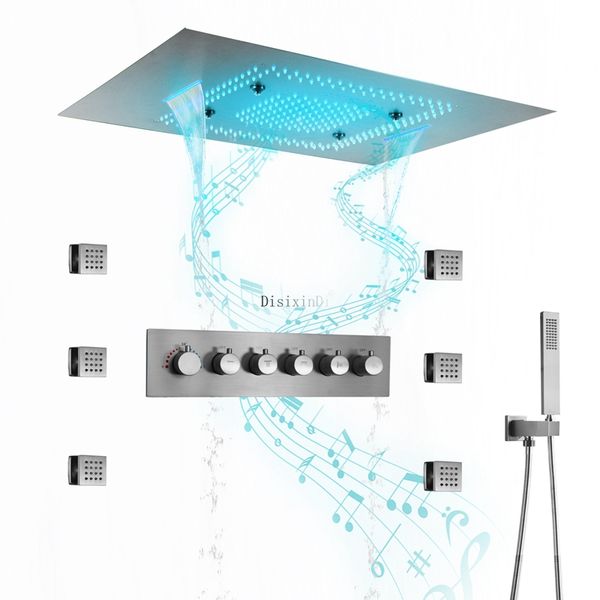 Pommeau de douche musical LED monté au plafond 600x800mm, salle de bains, cascade de pluie, robinet de douche thermostatique brumeux avec Jet corporel