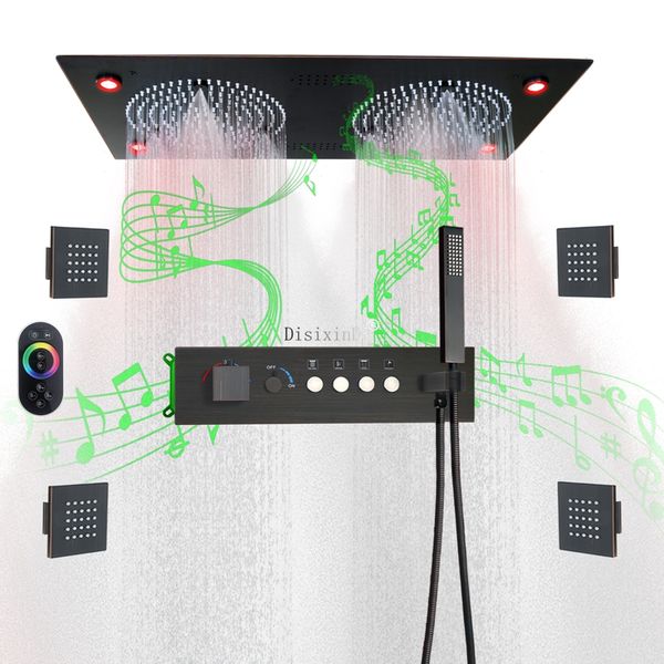 Système de douche à LED avec musique au plafond, ensemble de robinets de douche thermostatiques, pommeau de douche pluie et brume, 25x13 pouces