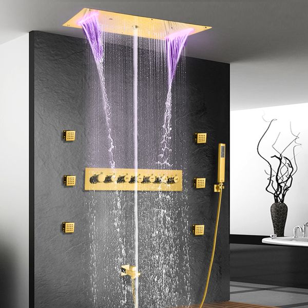 Plafond encastré 28X15 pouces LED haute pression pommeau de douche pluie cascade brouillard salle de bain thermostatique douche robinet ensemble