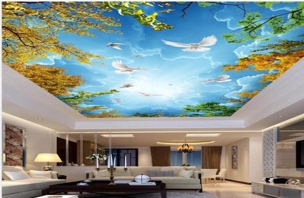 Peinture murale de plafond, papier peint de salon, chambre à coucher, décoration de maison, belles branches, ciel bleu et nuages blancs, plafond mura5776655