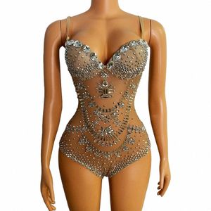 Célébrez la chanteuse Dj Rhinestes Body Costume de danse Stage Wear Sparkly Sier Cristaux Justaucorps Sexy Mesh Club Outfit q1g6 #