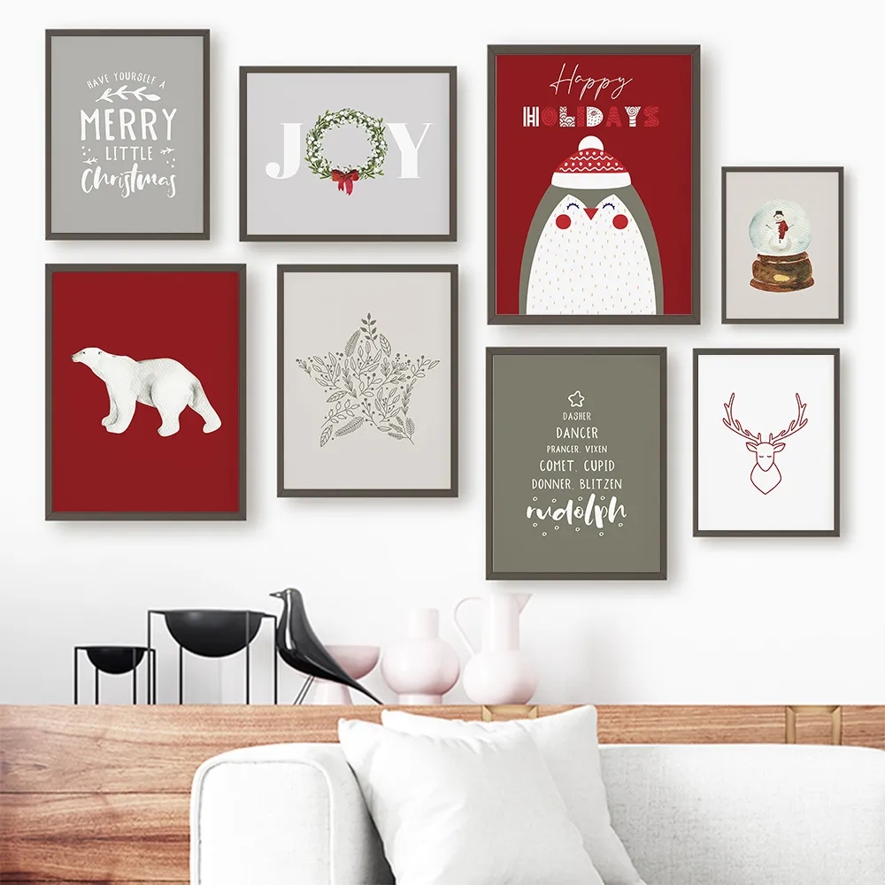 Fira god julaffischer röd vinter julgran duk målning konsttryck nordisk vägg bild vardagsrum barn sovrum dekor wo6