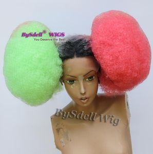 celebridad Ciara metgala peinado peluca sintética afro rizado rizado dos tonos rojo verde dos flequillo pelucas delanteras del cordón del pelo esponjoso para blac9284117