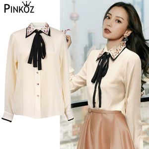 Celebrity Designer Stylish Diamonded Turn Dow Dollar Office Lady Shirt voor Dames Bow Lace Up Blouse Tops Casual Fashion 210421