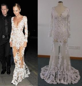 Vestidos de celebridades Imágenes reales Sheer candice swanepoel Apliques de encaje de marfil sobre ilusión Vestidos de noche de manga larga de tul desnudo 1591916