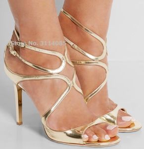 Beroemdheid heet selling dunne strappy gladiator sandalen stiletto hakken oranje naakt gouden kooi jurk schoenen bedekte hiel bruiloft pompen S20326