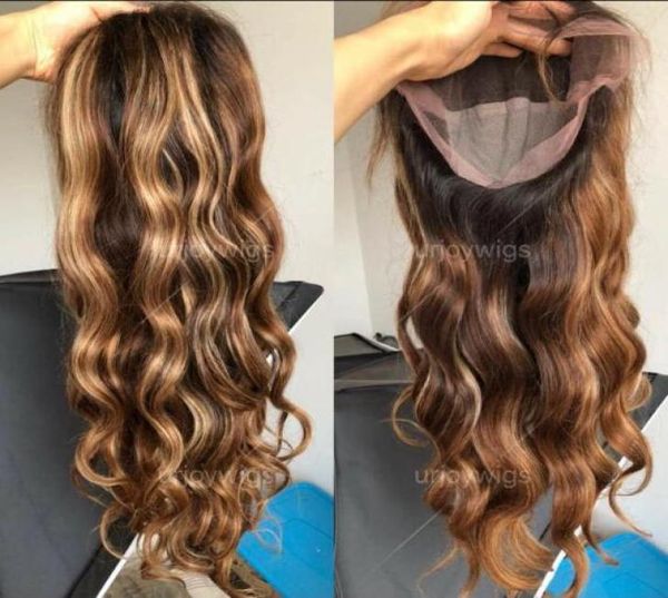 Celebrity Lace Front Wig Two Tone Ombre Highlight Wave Wave 10a Chinese Remy Human Hair Full Lace Wigs for Black Woman Express Sh1034006