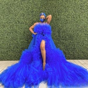 Vestido de graduación con superposición azul real para mujer, vestidos de maternidad para sesión de fotos, espectáculos de bebé, vestido de noche de talla grande con abertura frontal, batas de tul