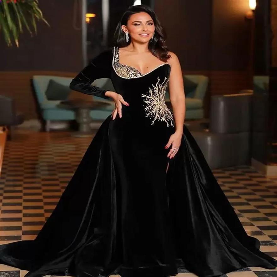 Celebrity Red Carpet Pageant Women Formal Dresses Evening Gowns Beaded Decoration One Long Sleeve Prom with Overskirts Black robes299R