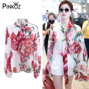 Celebrity Style Chiffon Rose Flower Gedrukt Chique Blouse Dames Bow Collar Lange Mouw Luxe Doorkomst door aankomst Shirt 210421