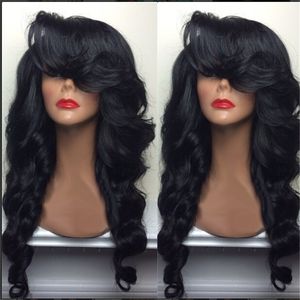 Perruque de vague de corps de cheveux humains de simulation de style de célébrité avec frange latérale longue perruque synthétique noire naturelle pour les femmes noires