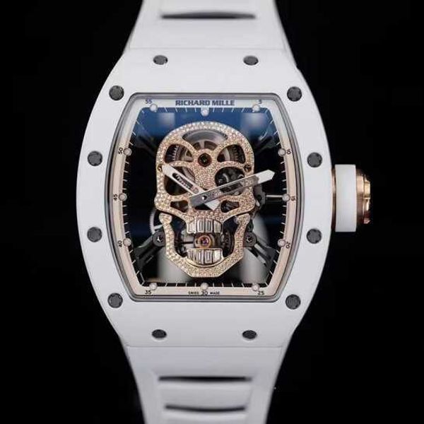 Reloj de celebridades Relojes de pulsera de ocio Reloj de pulsera RM Rm52-01 Cabeza de calavera Cerámica blanca Manual Mecánico Movimiento hueco completo Reloj para hombre