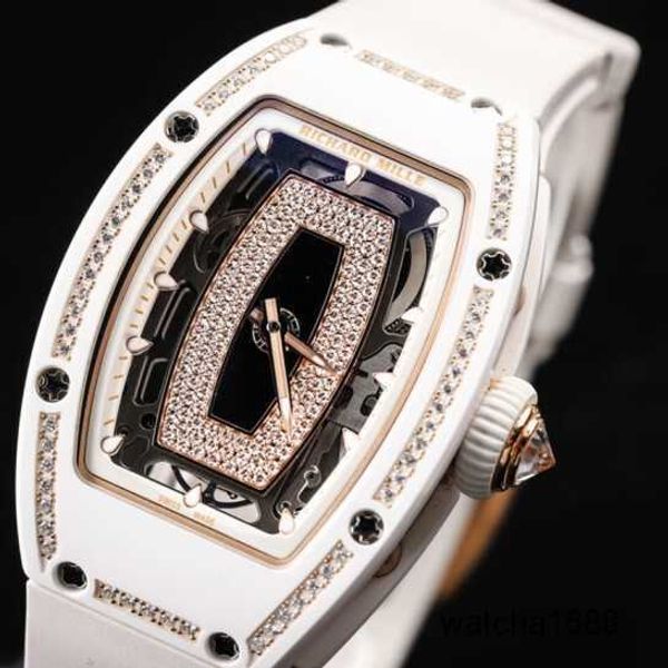 Reloj de celebridades Relojes de pulsera para ocio Reloj de pulsera RM Serie para mujer Rm07-01 Labio negro Oro rosa de 18 quilates Diamante de nieve Reloj mecánico automático de cerámica blanca Labio negro