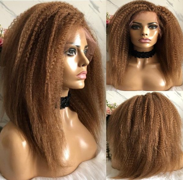 Pelucas de celebridades Kinky Straight Blonde Color # 30 10A Grado Brasileño Virgen Cabello humano Peluca llena del cordón para las mujeres negras Entrega rápida y expresa