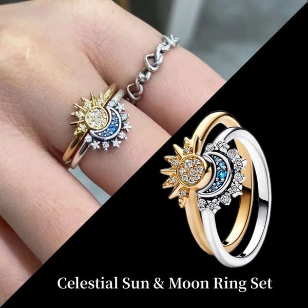 Céleste Sun Moon Ring Set Sterling Sier bijoux réel certifié Original Fine Bijoux pour Femme Hoops Gift