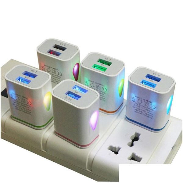 Adaptadores de teléfono celular en stock 5V 2.1A Gotas de agua Luz LED Puertos USB duales EE. UU. Enchufe de la UE Cargador de pared Adaptador de corriente de carga rápida Fo OT5KA