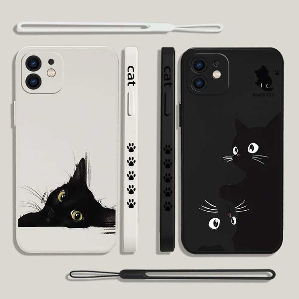 Téléphone cellulaire Bumpers Black Cat Cartoon Fashion Téléphone de téléphone pour OnePlus Nord 3 2 9R 9 8T 8 7 7T Pro 6 5G Couverture de silicone liquide avec sangle à main Y240423