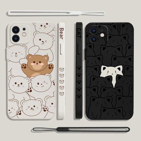 Téléphone cellulaire Brochers Coueton Carton Black Cat ours Téléphone pour OnePlus Nord 3 2 9R 9 8T 8 7 7T Pro 6 5G COUVERTURE DE SILICONE liquide avec sangle à main Y240423