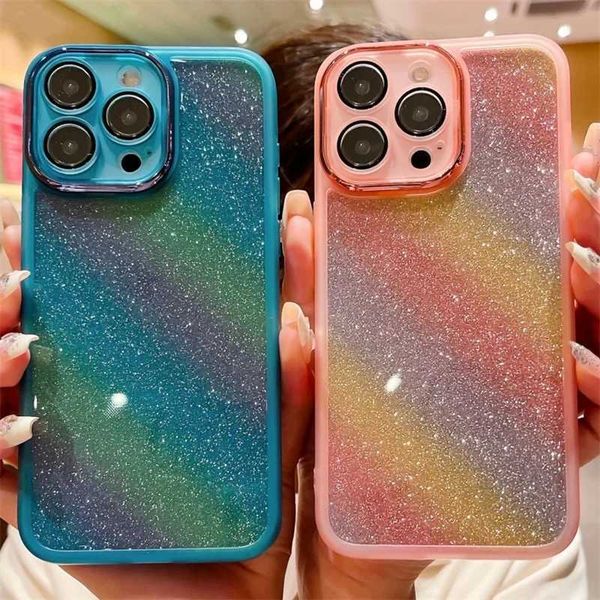 Pufices de teléfonos celulares Luxury Rainbow Glitter Clear Silicone Case para iPhone 15 14 13 12Promax 15Plus 14Plus 13Mini 12mini Camera Lente de protección CUBIERTA Y240423