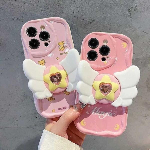 Téléphone portable Brochers Pink Star Wing Holder Cartoon Case de téléphone souple pour iPhone 15 Pro Max 12 13 MINI 14 plus 11 Pro XS MAX XR 7 8 Plus Wave TPU CAPA Y240423