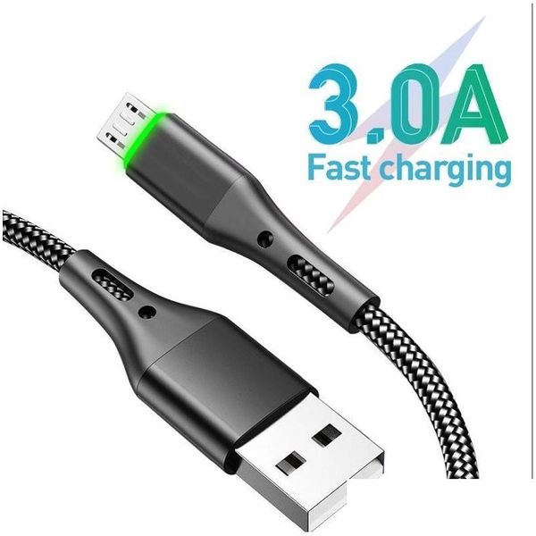 Cables de teléfono celular Luz LED 3A Tipo C Micro Usb S Carga rápida para Android Cable móvil Trenzado Drop Delivery Teléfonos Accesorios Dhmjx