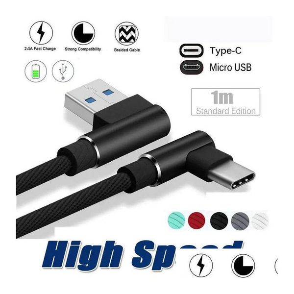 Câbles de téléphone portable Type C S 90 degrés Micro USB 1M 2M 2A Cordons de chargeur rapide Ligne de données tressée pour S20 S21 S9 S10 Note 20 Smartphone A Dhlu2