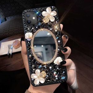 Mobiele telefoon hoesjes 15 promax telefoonhoesje strass make-up spiegel iPhone 14 zwarte bloem x volledig pakket 13 beschermhoes Q230915