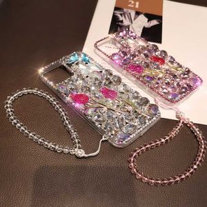 Mobiele telefoons 3D Butterfly Bling Rose Diamond Chain Phone Case voor iPhone 14 12 Pro Max Mini 11 13 Pro X XS XR 6 S 7 8 Plus 12Pro SE Cover L230801